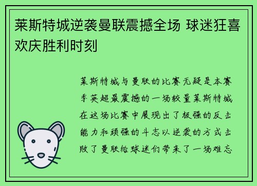 莱斯特城逆袭曼联震撼全场 球迷狂喜欢庆胜利时刻